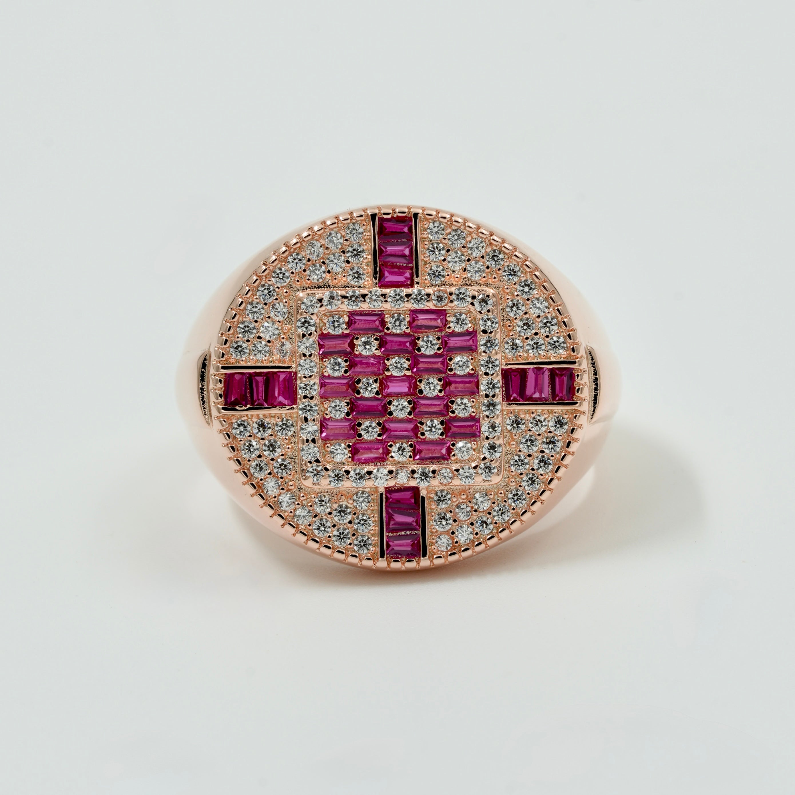 Men’s Ruby & Diamond Round 925 Silver Ring in Rose Gold Finish – Bold Statement Jewellery