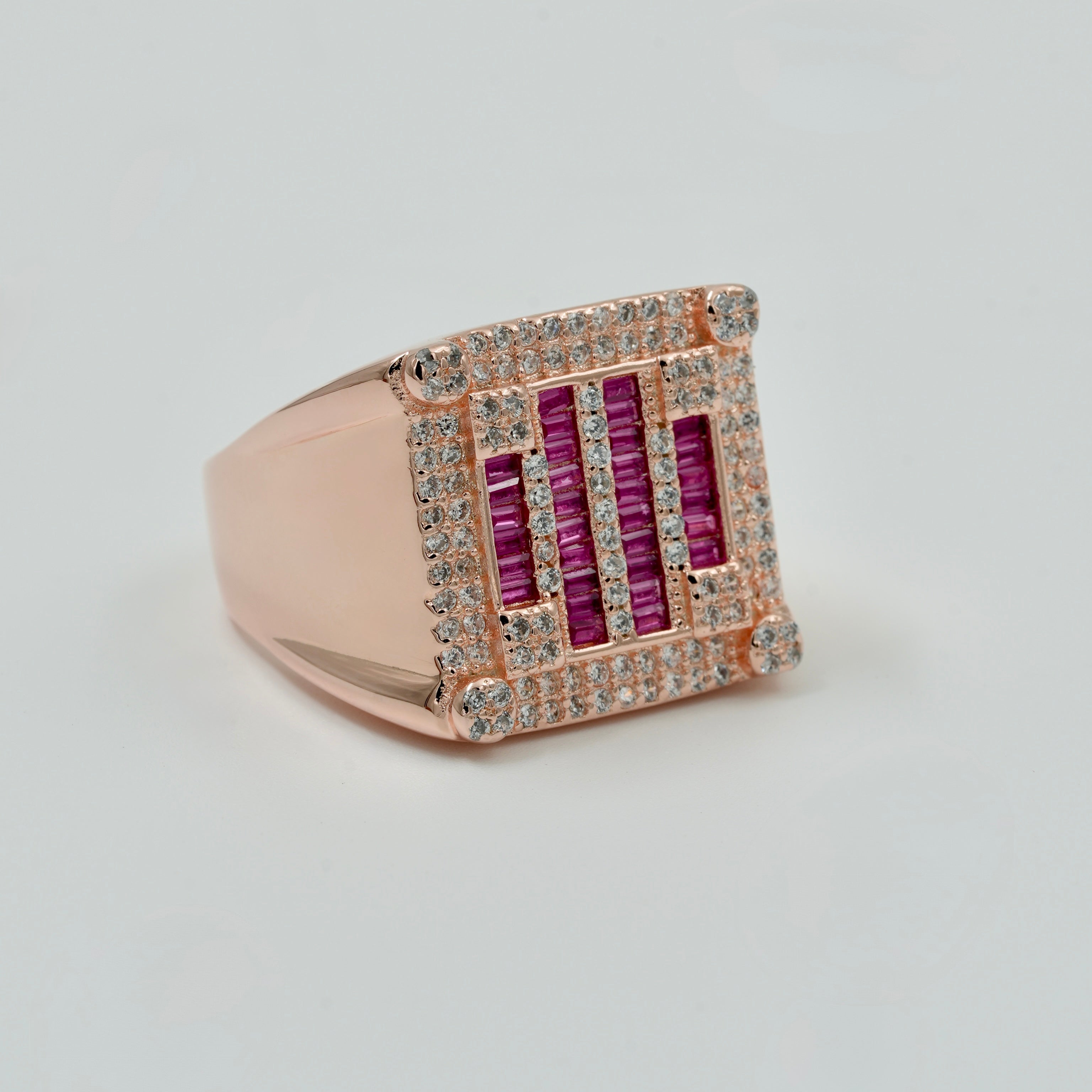 925 Silver Rose Gold Men’s Ruby & Diamond Square Designer Ring