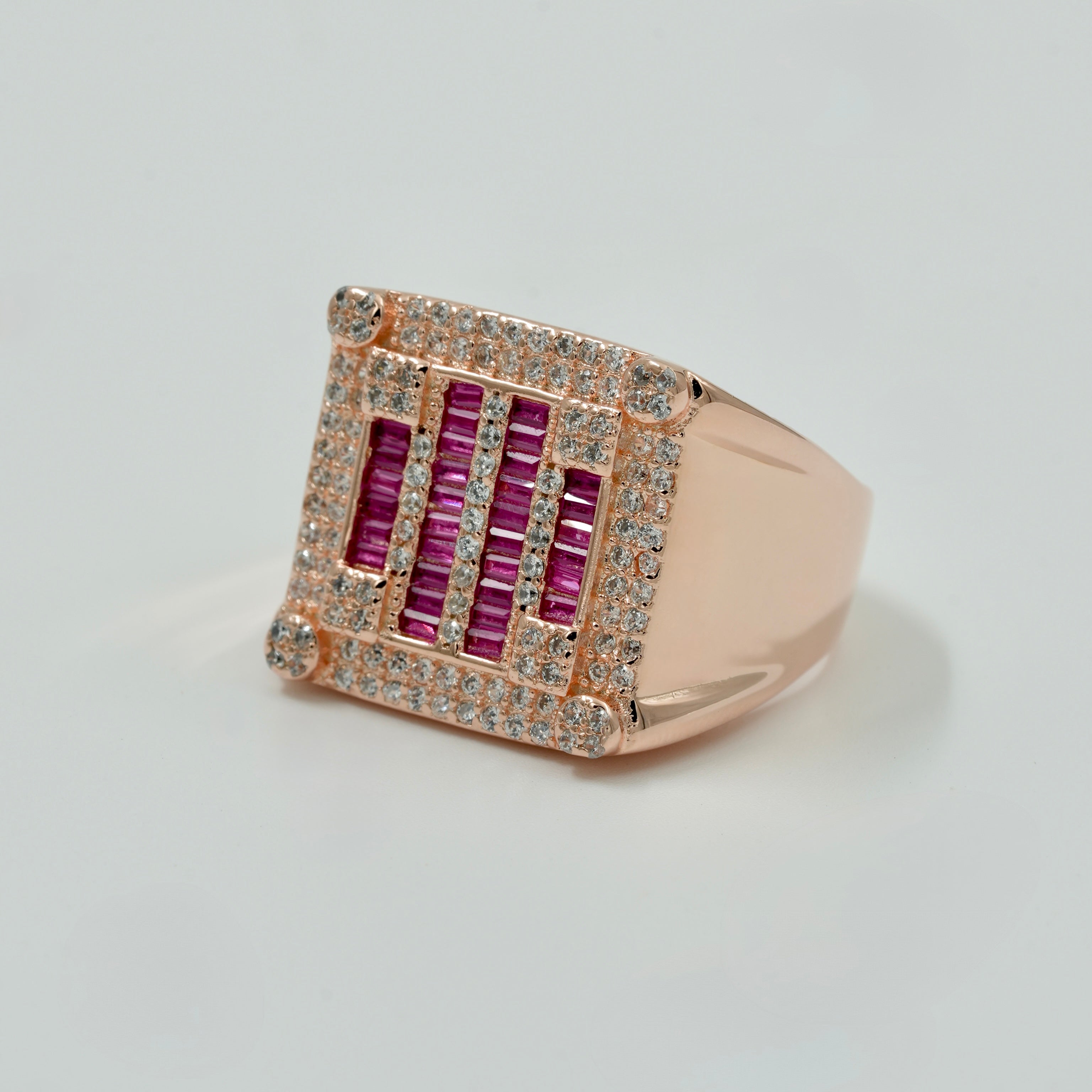 925 Silver Rose Gold Men’s Ruby & Diamond Square Designer Ring