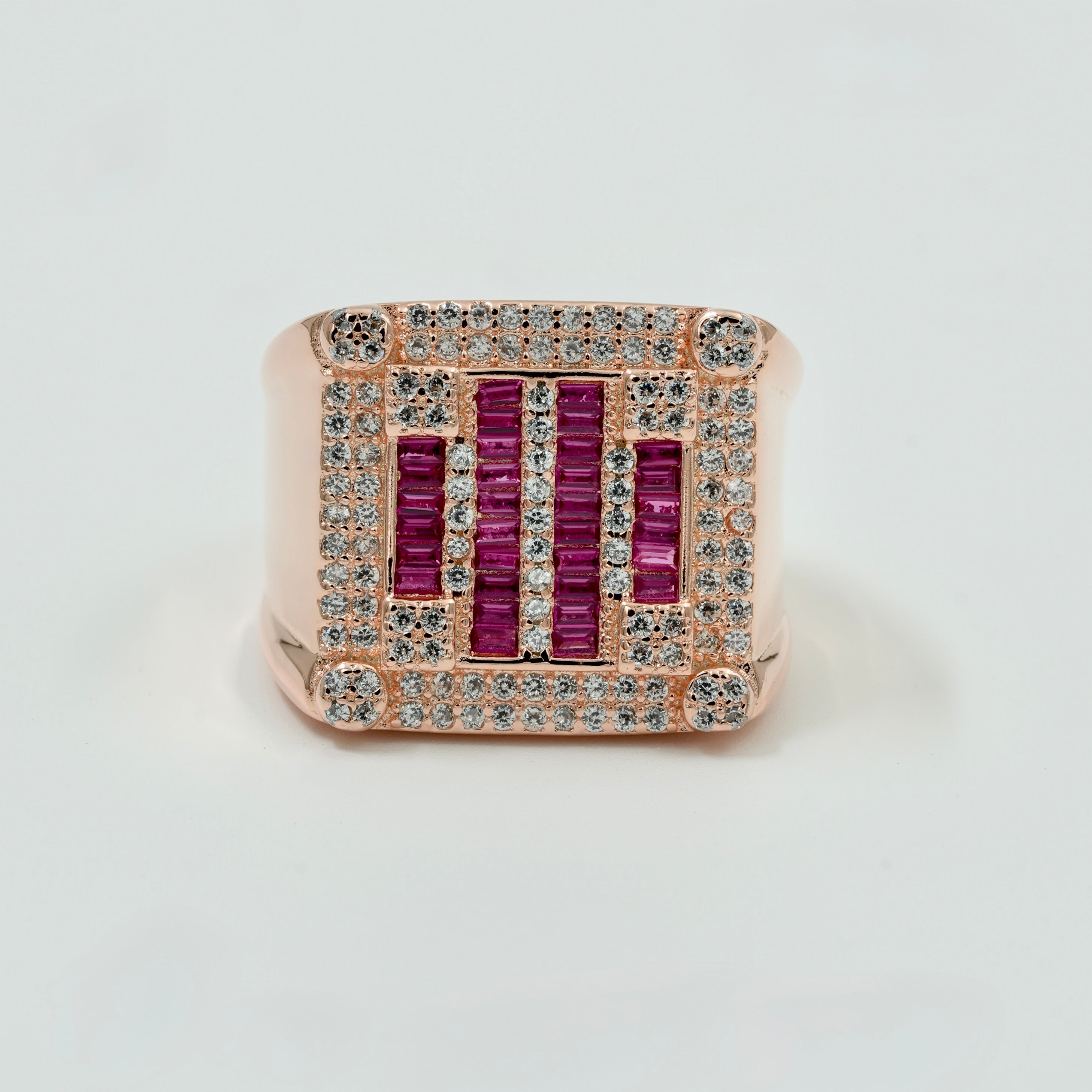 925 Silver Rose Gold Men’s Ruby & Diamond Square Designer Ring