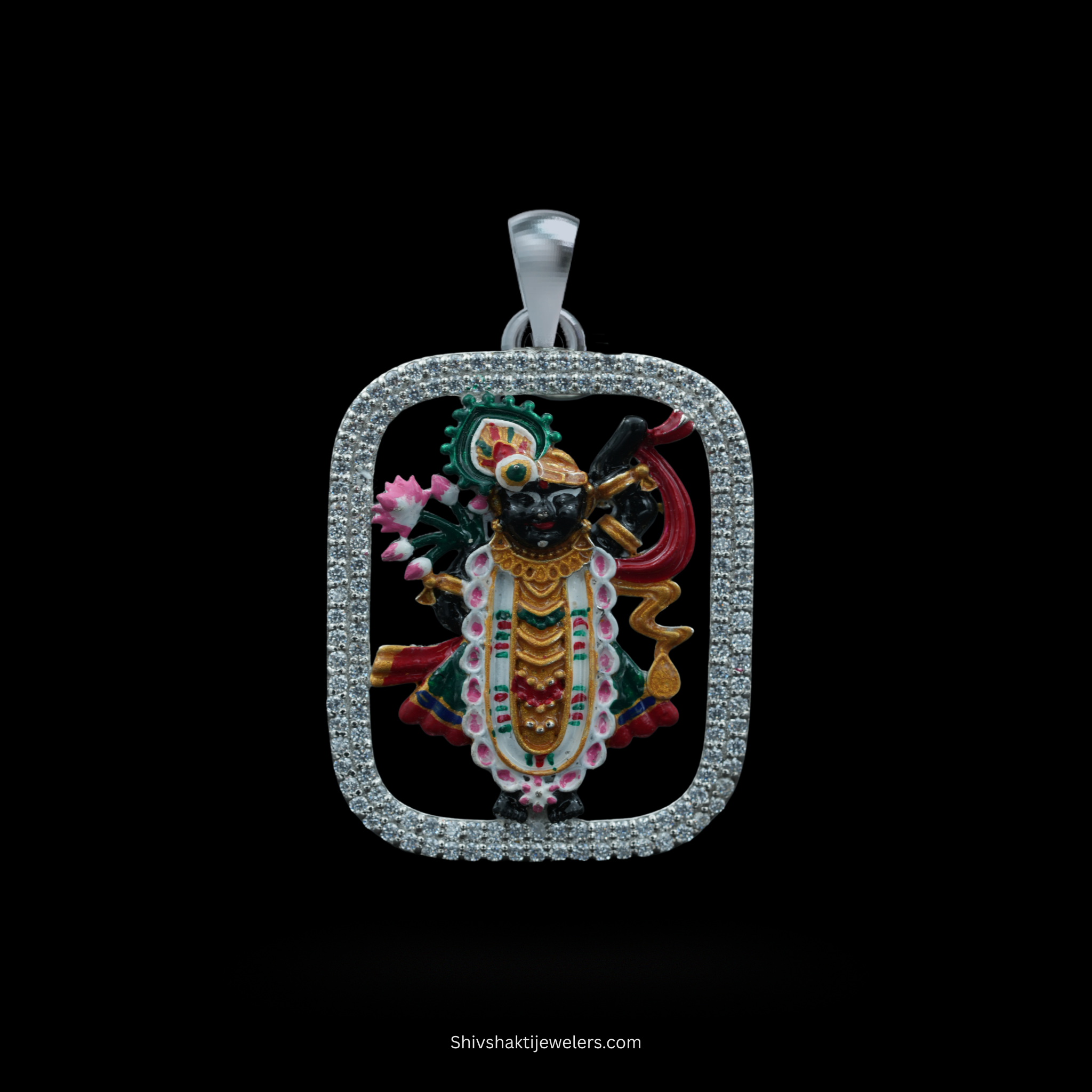 SSJ 925 Sterling Silver Shree Nath Ji Pendant – Enamel & Stone-Studded Devotional Jewellery